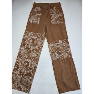 Shein Brown Denim Patchwork Pants Womens Size 4 Small Boho Hippie Wide Leg Jeans